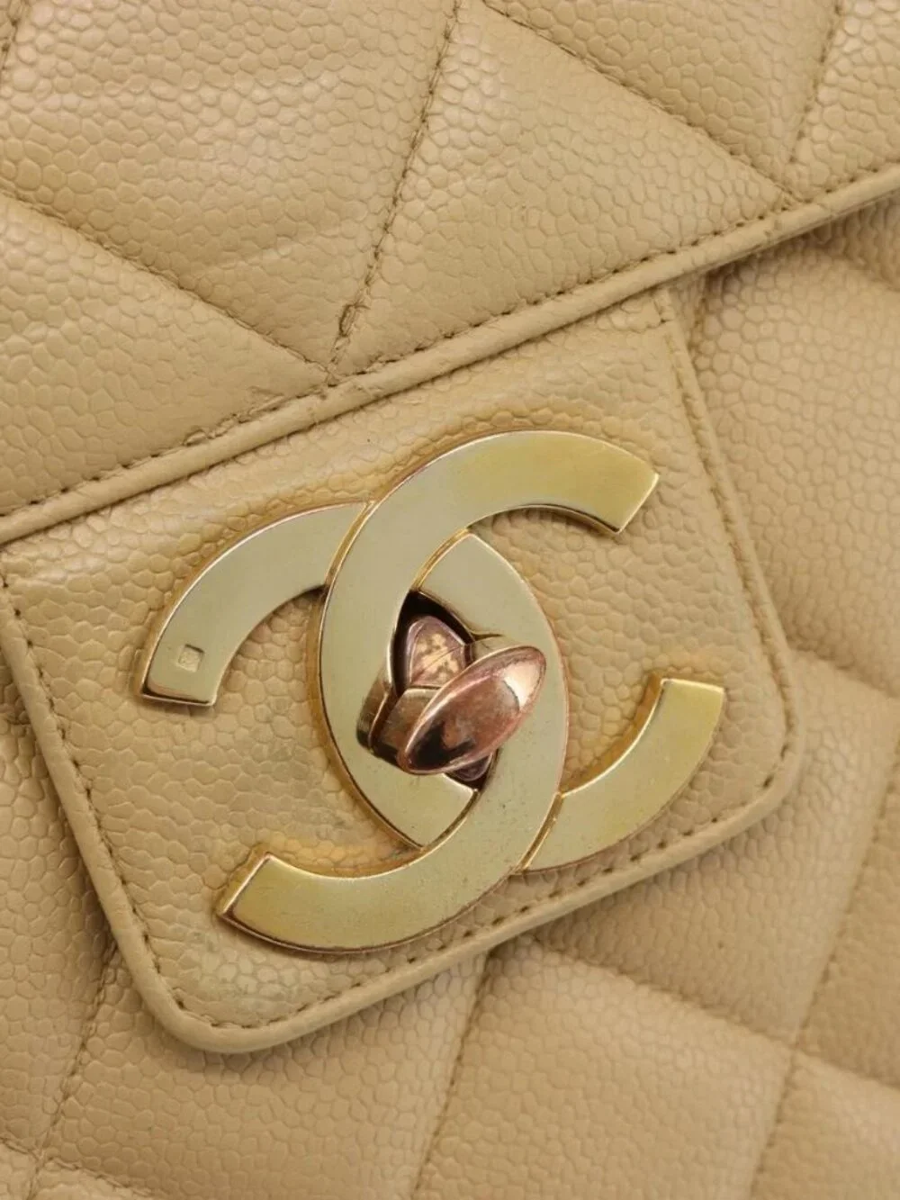 CHANEL Matelasse Business Bag Grained Calf Skin Beige Gold CC Auth bs35346